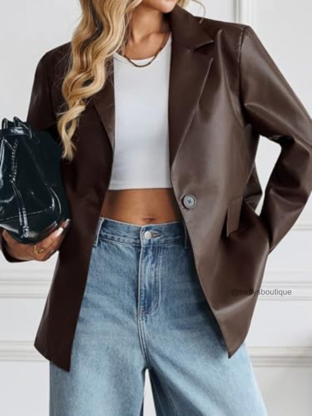 Oversized Faux Leather Bomber Blazer Jacket Button Down Lapel Coat - Picture 6 of 7